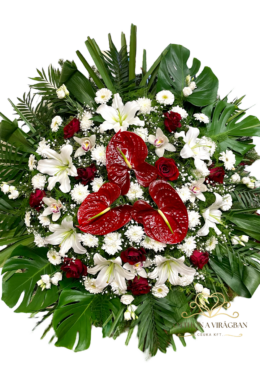 Álló koszorú vegyes virágból fehér és bordó színben 110cm