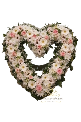 Lyukas szív formájú koszorú vegyes virágból fehér és rózsaszín színben 60cm