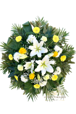 Álló koszorú vegyes virágokból fehér és sárga színben 80cm