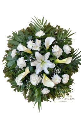 Álló koszorú vegyes virágból fehér színben 70cm