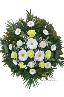 70cm Álló koszorú vegyes virágokból fehér-zöld színben