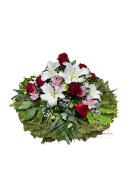 70cm Fekvő koszorú rózsából és orchideából, fehér, rózsaszín és bordó színekben