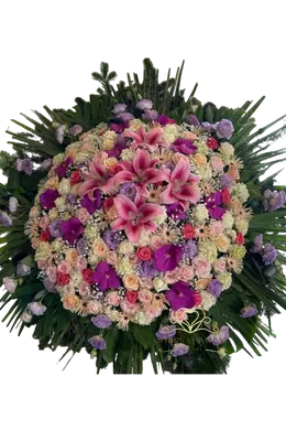 120cm Álló koszorú vegyes virágból tömören, pink, lila és pasztell árnyalatokban 