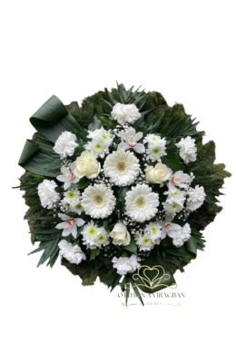 70cm Álló koszorú vegyes virágból fehér színben