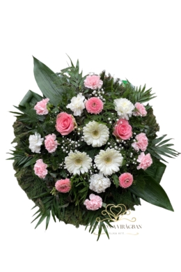 70cm Álló koszorú vegyes virágból fehér és rózsaszín színekben