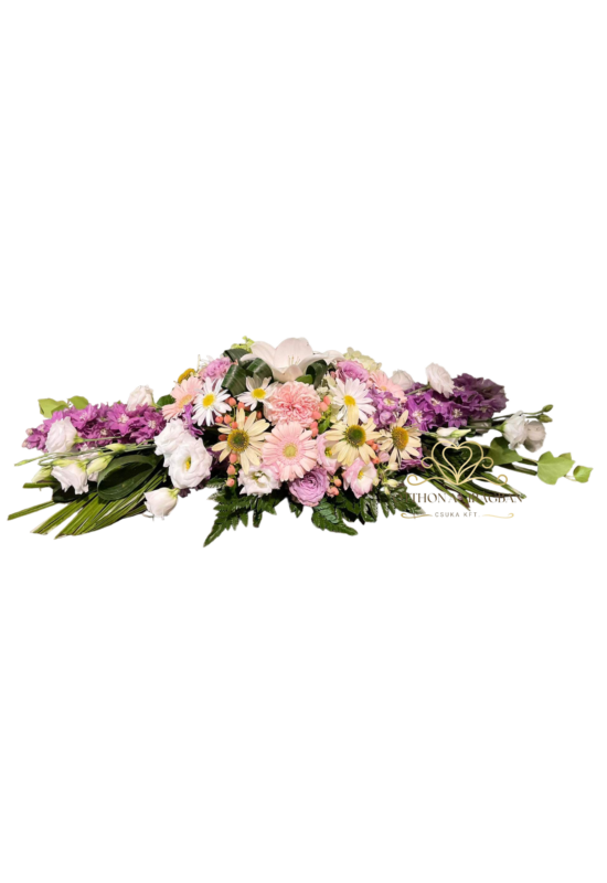 Koporsódísz vegyes virágból lila és pasztell árnyalatokban 70cm