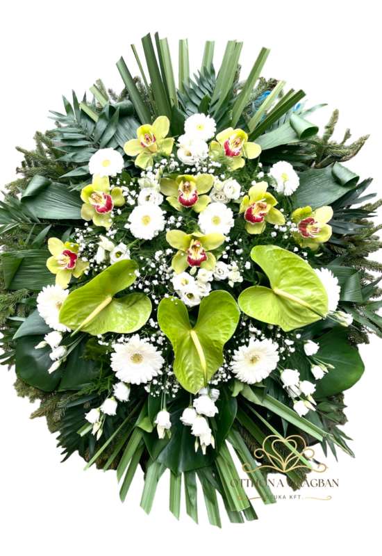 Álló koszorú vegyes virágból fehér és zöld színben 90cm