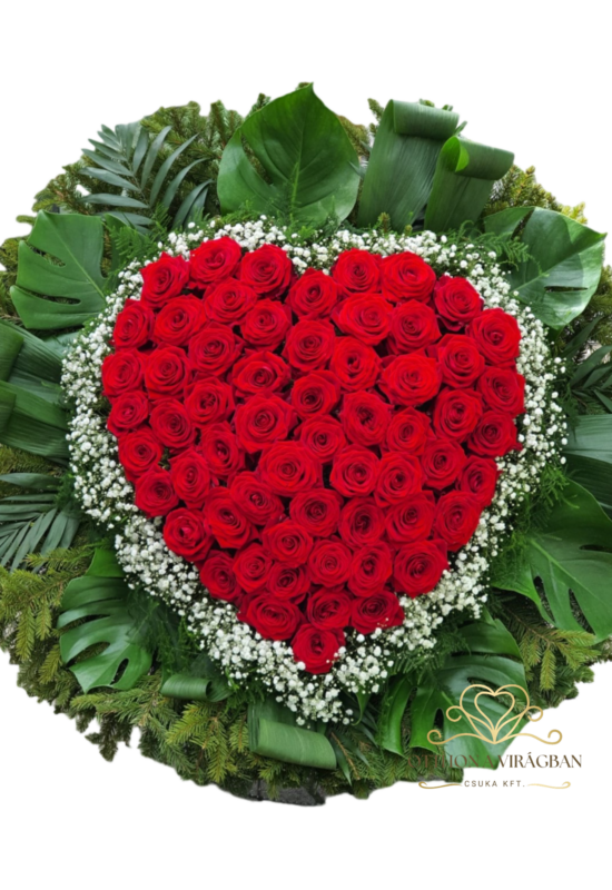 Álló koszorú vörös rózsából szív formára díszítve, rezgő kontúrral 100cm