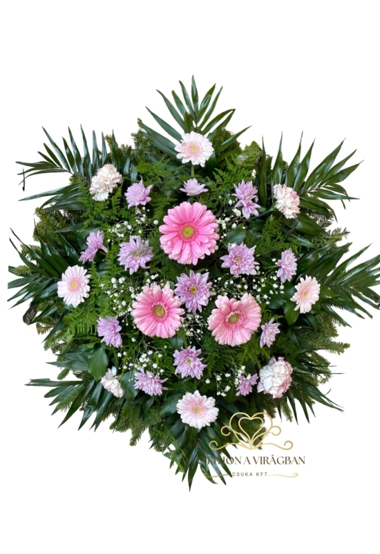 Álló koszorú vegyes virágokból rózsaszín árnyalatokban 70cm