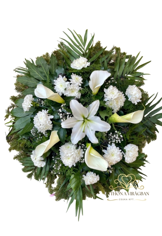 70cm Álló koszorú vegyes virágból fehér színben 