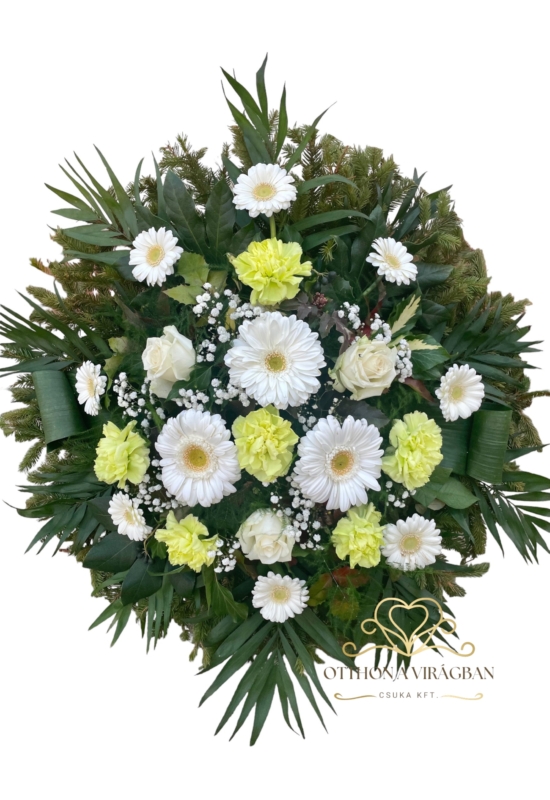 Álló koszorú vegyes virágokból fehér-zöld színben 70cm 