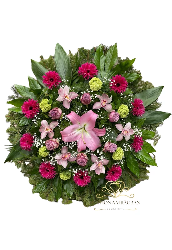 80cm Álló koszorú vegyes virágból rózsaszín és pink színekben