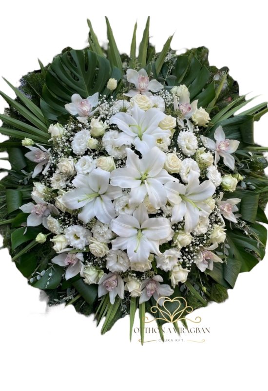 100cm Álló koszorú fehér liliomból, rózsából és orchideából