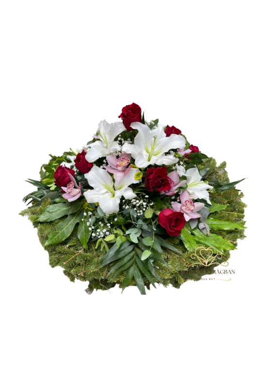 70cm Fekvő koszorú rózsából és orchideából, fehér, rózsaszín és bordó színekben