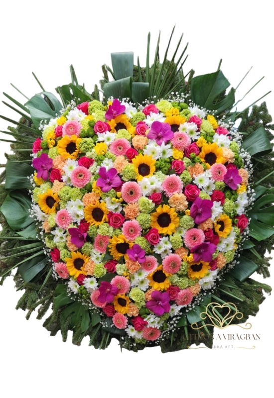 Álló koszorú vegyes virágból szív formára díszítve napraforgóval 110cm