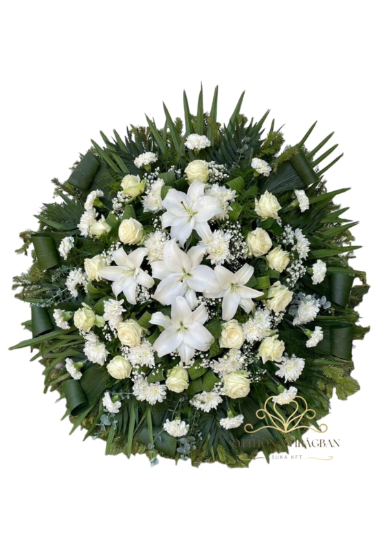 Álló koszorú vegyes virágból fehér színben liliommal és rózsával 100cm