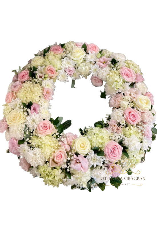 50cm Lyukas kör formájú tűzött koszorú vegyes virágból fehér és rózsaszín színekben