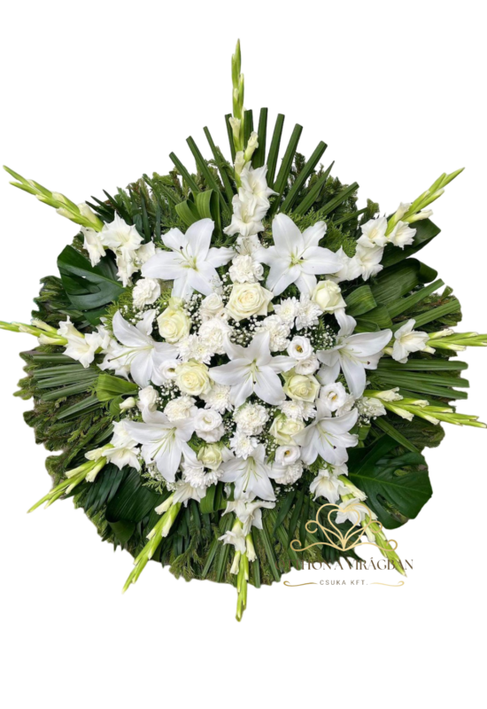 Álló koszorú vegyes virágból fehér színben rózsával és kardvirággal 90cm