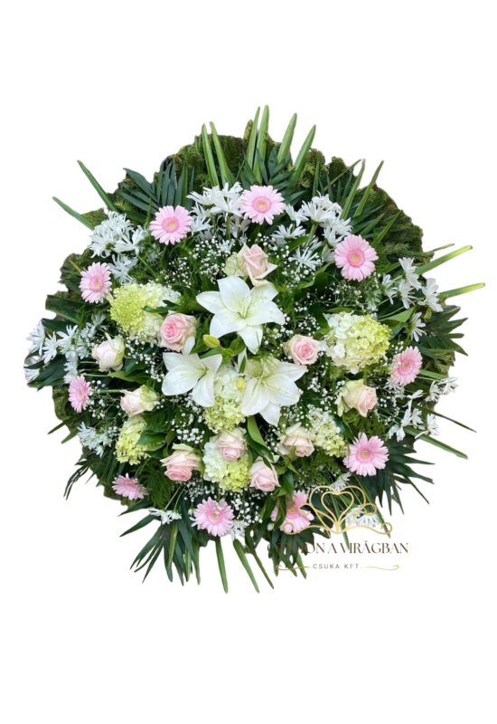 Álló koszorú vegyes virágokból fehér, rózsaszín és zöldes színekben 80cm