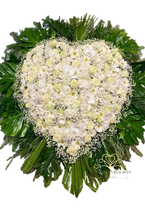 120cm Álló koszorú fehér vegyes virágból szív formára díszítve orchideával és rózsával 