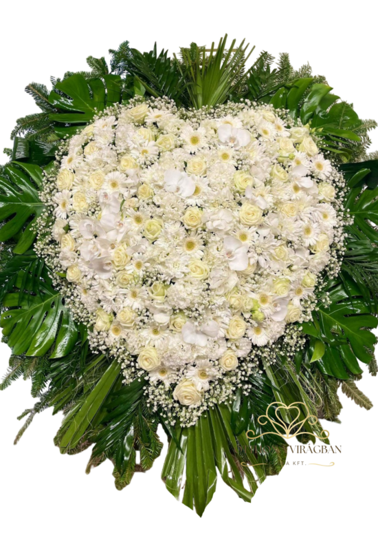 Álló koszorú fehér vegyes virágból szív formára díszítve orchideával és rózsával 120cm
