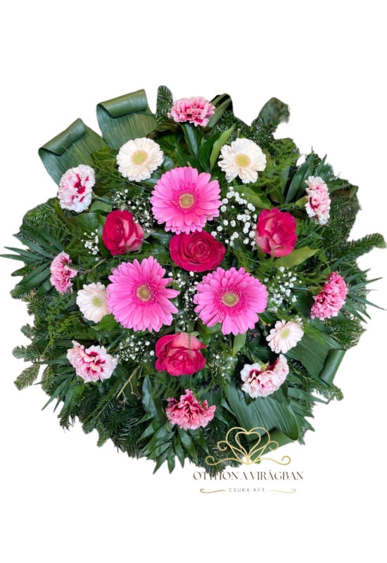 70cm Álló koszorú vegyes virágból pinkes árnyalatokkal