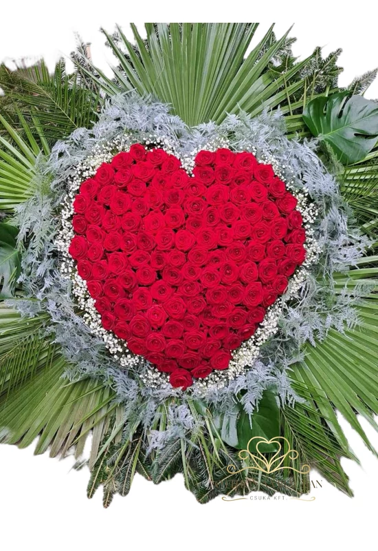 130cm Álló koszorú bordó rózsából szív formára díszítve rezgő és plumóza kontúrral