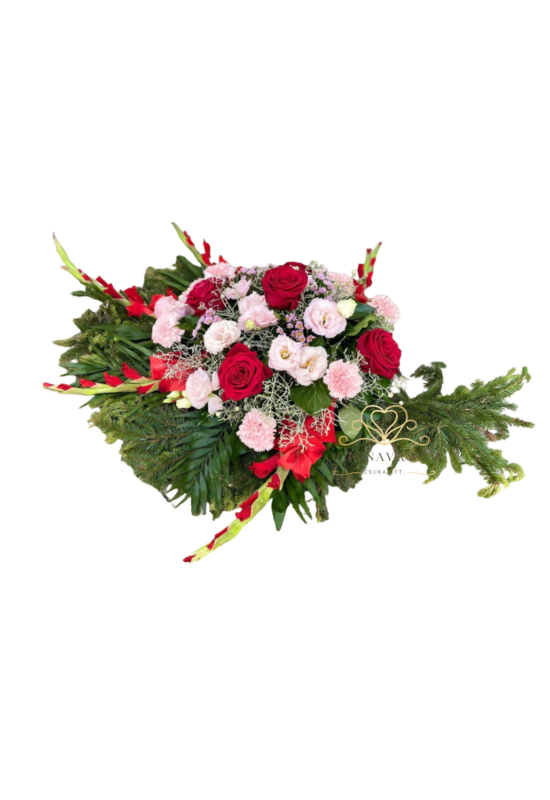 Sírcsokor vegyes virágból rózsával és kardvirággal, bordó és rózsaszín árnyalatokban 