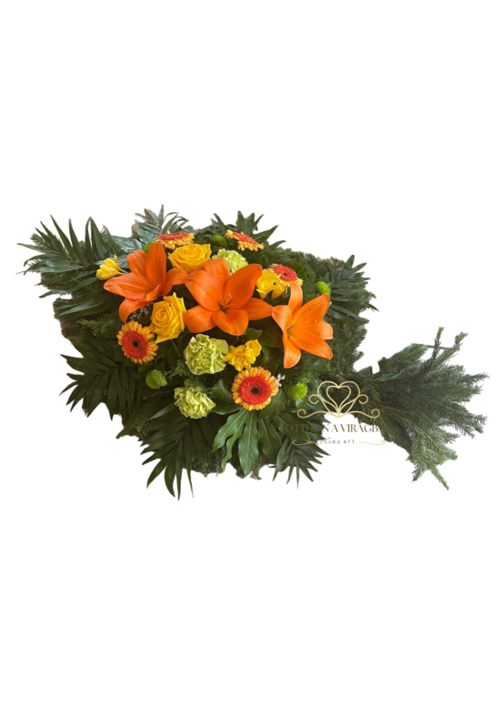 Sírcsokor vegyes virágból liliommal a közepén, narancs és zöld árnyalatokban 