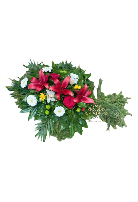 Sírcsokor vegyes virágból liliommal a közepén, bordó és fehér árnyalatokban, egy pici sárgával és zölddel fűszerezve 